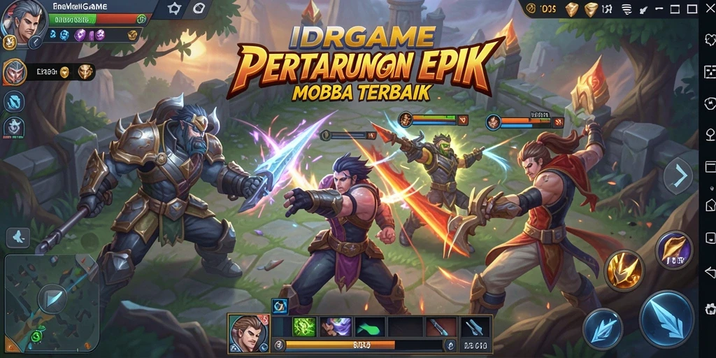 Tampilan aksi seru dalam game MOBA dengan karakter beragam.