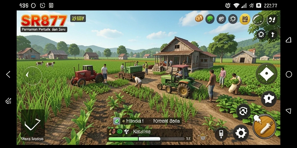 Tampilan gameplay menarik dalam SR877 yang menunjukkan aktivitas pertanian.