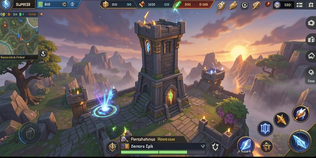 Tangkapan layar gameplay SUPER33 yang menampilkan menara dan musuh.